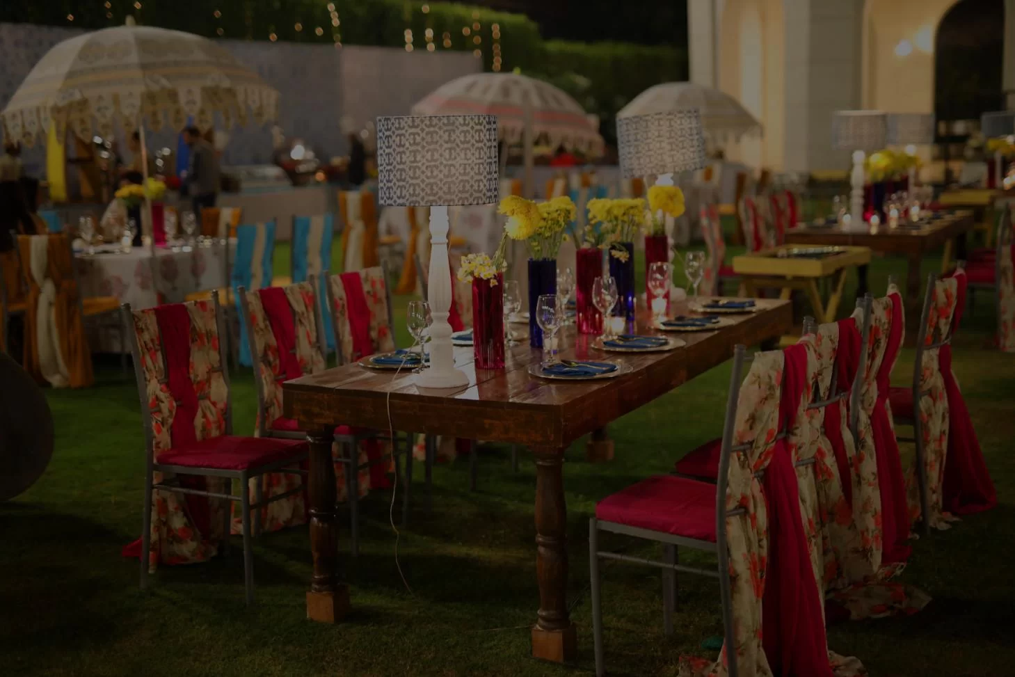 Decorated outdoor event seating by Swastik Caters