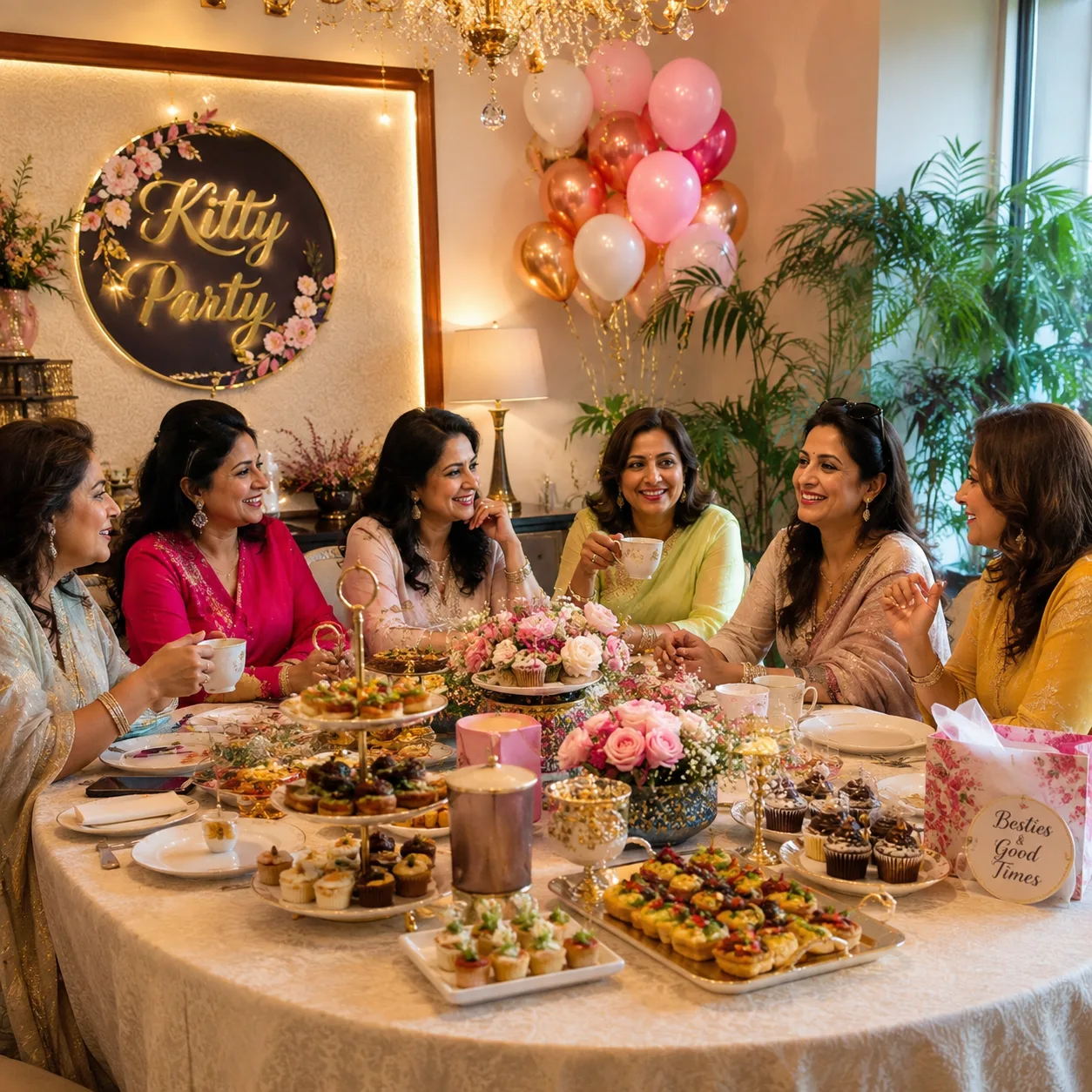 Indian kitty party with vegetarian snacks, tea, decor, and friends celebrating
